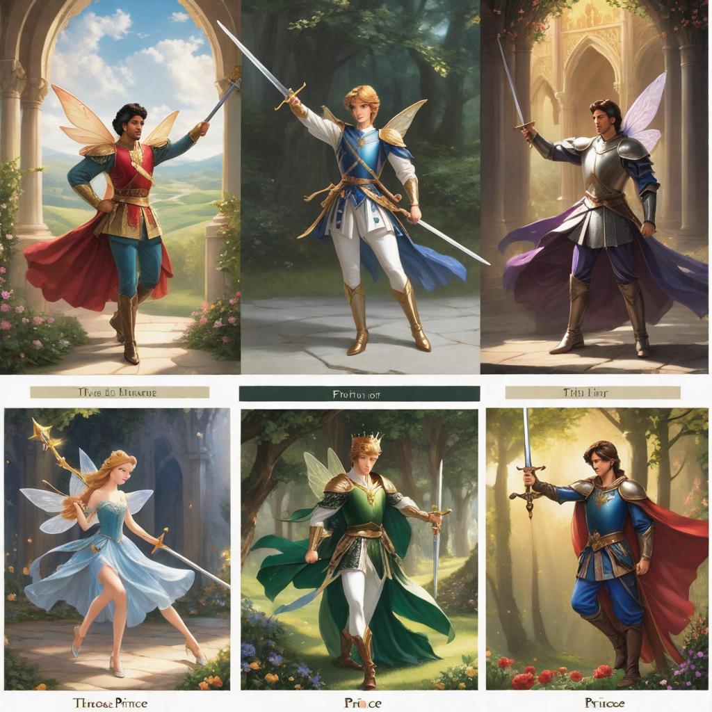  1. The prince's pose: The critique suggests that the prince could have a more confident and courageous pose to emphasize the urgency of the story. Consider depicting the prince in a dynamic stance, such as with his sword raised or in a heroic pose, to convey a stronger sense of determination and bravery.

2. Depiction of the fairy: The critique mentions that the fairy is not present in the current image, but the description indicates her existence. To enhance the fantasy element of the story, make sure to clearly depict the fairy in the artwork. Consider showing her in a magical or ethereal form, with wings and a glowing aura, to highlight her role in the narrative.

3. Floating books and pages: The critique mentions that the image does not hyperrealistic, full body, detailed clothing, highly detailed, cinematic lighting, stunningly beautiful, intricate, sharp focus, f/1. 8, 85mm, (centered image composition), (professionally color graded), ((bright soft diffused light)), volumetric fog, trending on instagram, trending on tumblr, HDR 4K, 8K