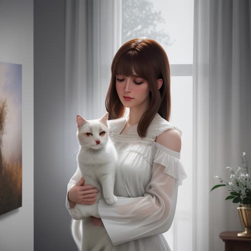  A girl named Sally has brown hair that reaches her shoulder, and has bangs She holds a white cat and acrylic paints and paintings behind her She's 18 and she's cute hyperrealistic, full body, detailed clothing, highly detailed, cinematic lighting, stunningly beautiful, intricate, sharp focus, f/1. 8, 85mm, (centered image composition), (professionally color graded), ((bright soft diffused light)), volumetric fog, trending on instagram, trending on tumblr, HDR 4K, 8K