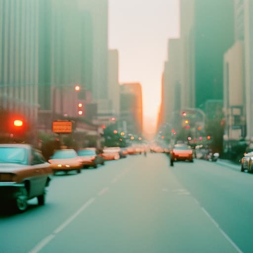 analog style street inside a city , blurred cars moving, sunset , soft lighting ,wideshot