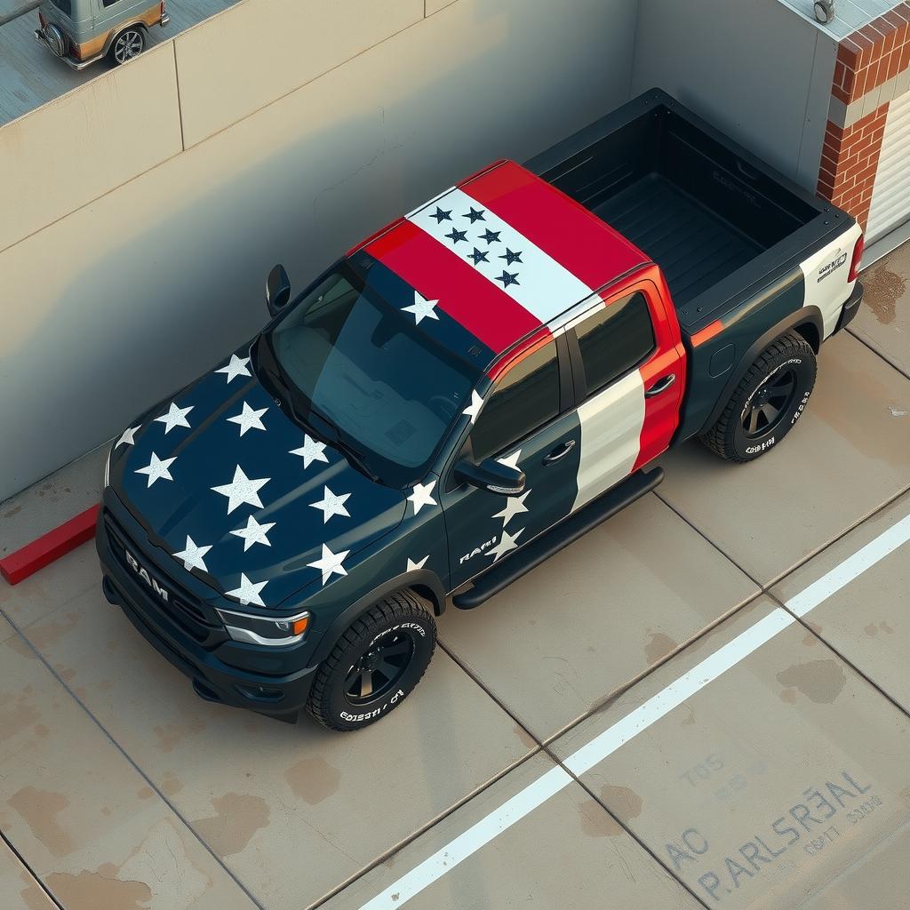  ram truck. lift kit. body mods. american flag paint. arial view