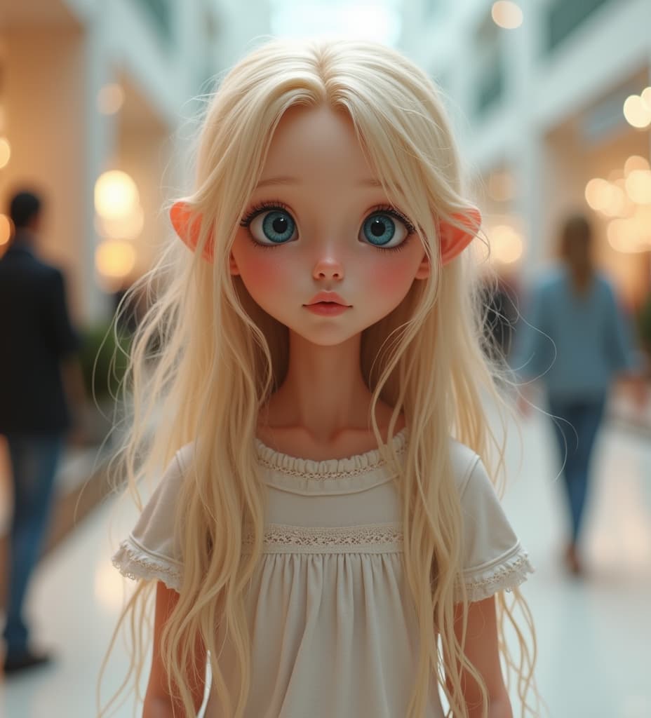  good quality, high quality, a skinny old tween girl standing, long blonde hair, blue eyes, white , extreme realistic, delicate, cute, adorable, ultra realistic skin, extremely realistic, scenery, front view, mall background, body focus