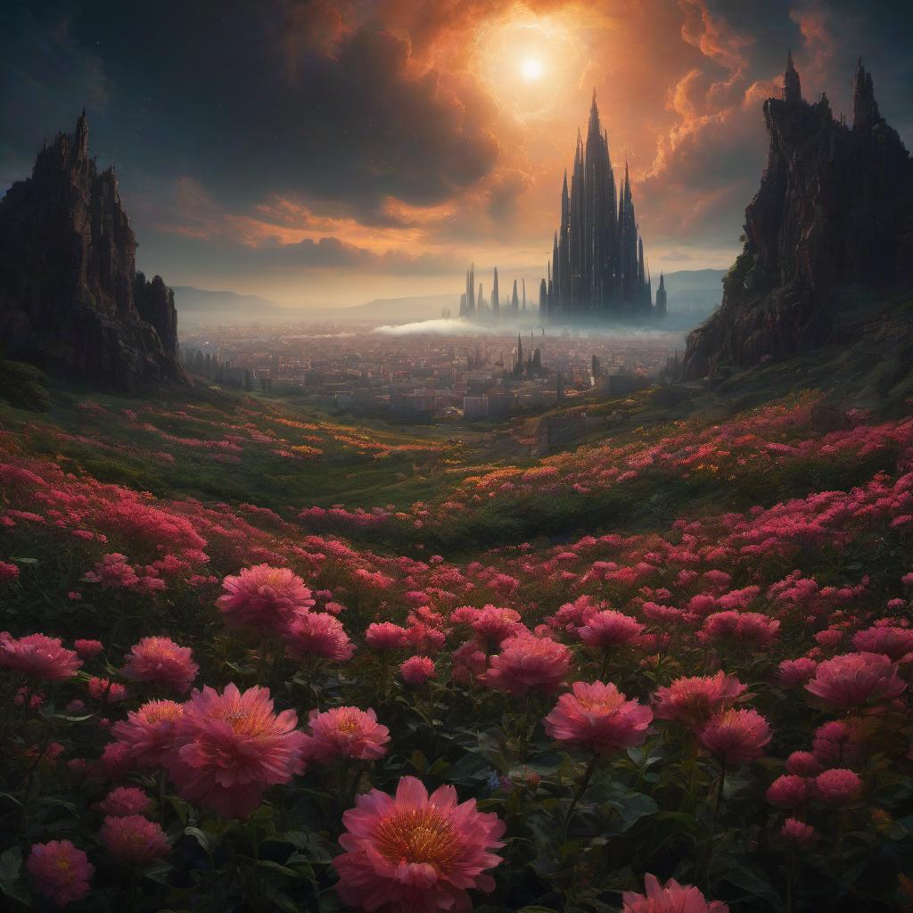  (stylized by Tomasz Alen Kopera:1.3) , dark art, dense flower field and Perseid meteor in background, landscape of a (Barcelona:1.2) , very Bizarre and 1600'S, Hurricane, Glitchcore, Amaro, layered textures, ornate, intricate artistic color, complimentary colors, very inspirational, atmosphere, fine artistic composition, sunny, theatrical hyperrealistic, full body, detailed clothing, highly detailed, cinematic lighting, stunningly beautiful, intricate, sharp focus, f/1. 8, 85mm, (centered image composition), (professionally color graded), ((bright soft diffused light)), volumetric fog, trending on instagram, trending on tumblr, HDR 4K, 8K