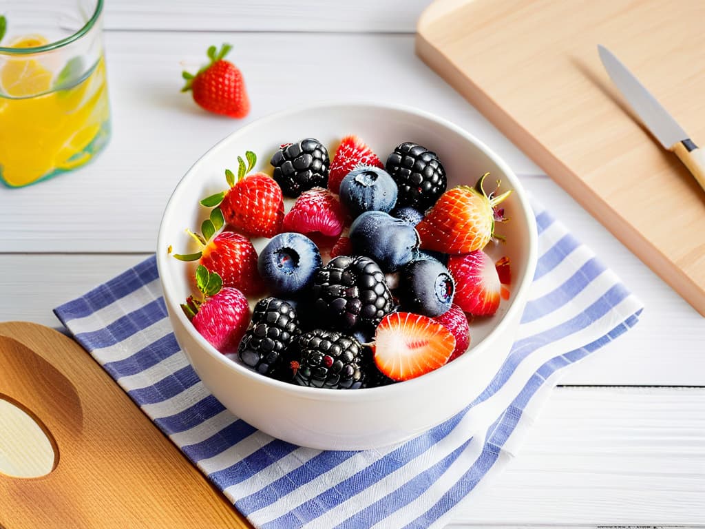  A vibrant, highresolution image of a variety of colorful berries such as strawberries, blueberries, raspberries, and blackberries neatly arranged in a sleek, modern white bowl placed on a light wooden table. The fruits are freshly washed and glistening, showcasing their natural, juicy appeal. The contrast between the rich hues of the berries and the clean background creates a visually striking and appetizing image, perfect for inspiring readers to incorporate these healthy and naturally sweet options into their diabeticfriendly desserts. hyperrealistic, full body, detailed clothing, highly detailed, cinematic lighting, stunningly beautiful, intricate, sharp focus, f/1. 8, 85mm, (centered image composition), (professionally color graded), ((bright soft diffused light)), volumetric fog, trending on instagram, trending on tumblr, HDR 4K, 8K