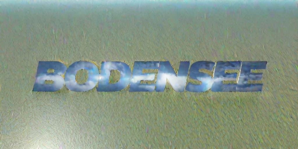  3D text "BODENSEE" floating above Lake Constance, clear skies, midday lighting. Rendered in 3D Model style, high resolution, realistic textures and reflections., high resolution, ((sharp focus)), best quality, ((masterpiece))
