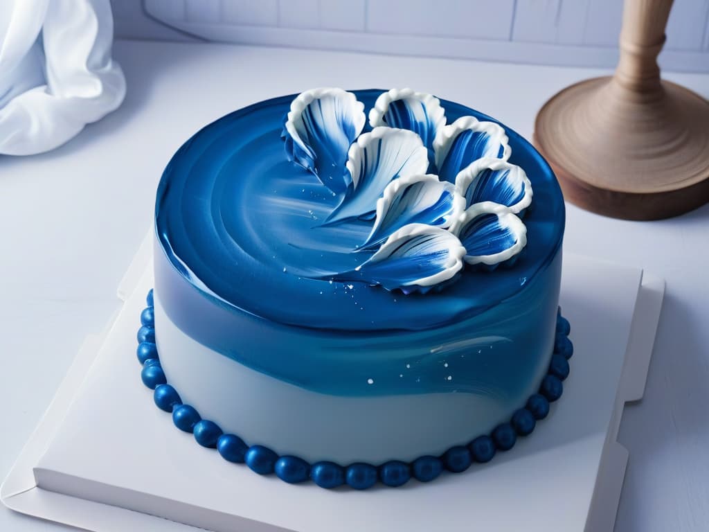  An elegant and minimalistic closeup shot of a mesmerizing mirror glaze cake, showcasing a flawless reflective surface in shades of deep azure and shimmering silver, with delicate ripples and intricate details that make the dessert look like a work of art. The play of light on the glossy surface highlights the precision of the decoration, evoking a sense of sophistication and culinary mastery. hyperrealistic, full body, detailed clothing, highly detailed, cinematic lighting, stunningly beautiful, intricate, sharp focus, f/1. 8, 85mm, (centered image composition), (professionally color graded), ((bright soft diffused light)), volumetric fog, trending on instagram, trending on tumblr, HDR 4K, 8K