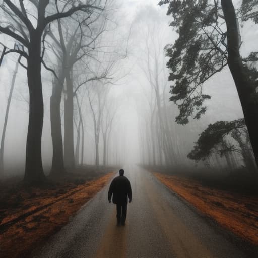  A man walks along a road in a forest in fog view from the back