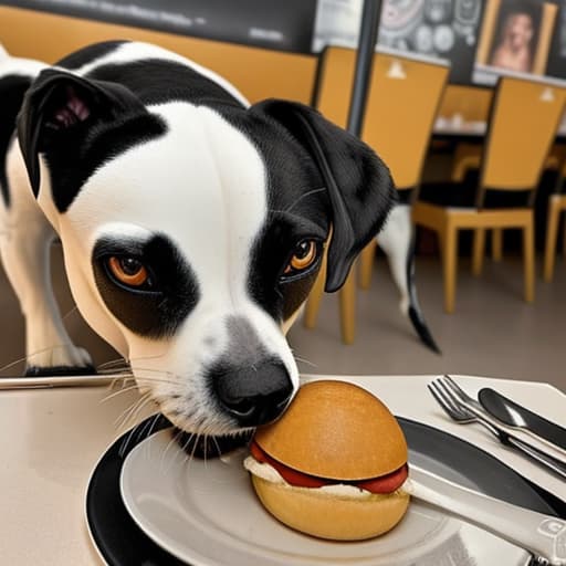  Un perrito de color blanco con una mancha negra en el ojo saltando sobre la una mesa en un restaurante. el contenido de la imagen debe ser de alta CÁLIDAd y mostra un Monmento graciosos