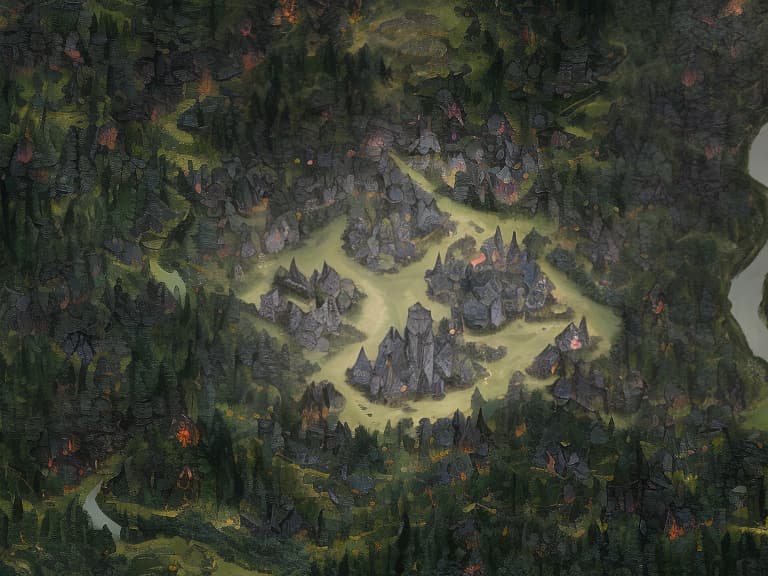  Dark fantasy, map, settlement in the deep forest, the village is surrounded by a fence, in the center of the village stands a stone church, dense forest, nearby river, gloomy atmosphere, high detail, double post processing, full HD, Overland fantasy woodland map, such as a map, a font that is modern and easy to read hyperrealistic, full body, detailed clothing, highly detailed, cinematic lighting, stunningly beautiful, intricate, sharp focus, f/1. 8, 85mm, (centered image composition), (professionally color graded), ((bright soft diffused light)), volumetric fog, trending on instagram, trending on tumblr, HDR 4K, 8K