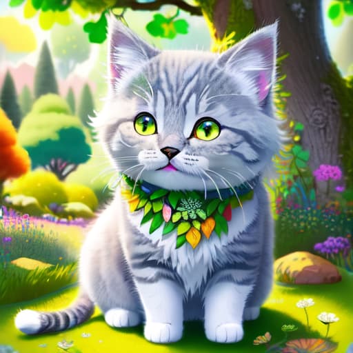 in OliDisco style A small, fluffy grey cat playing with a colorful scribbled drawings on the ground, surrounded by green leaves and a bright sunny sky, best quality, very detailed, high resolution, sharp, sharp image, extremely detailed, (child-friendly:1.5) hyperrealistic, full body, detailed clothing, highly detailed, cinematic lighting, stunningly beautiful, intricate, sharp focus, f/1. 8, 85mm, (centered image composition), (professionally color graded), ((bright soft diffused light)), volumetric fog, trending on instagram, trending on tumblr, HDR 4K, 8K