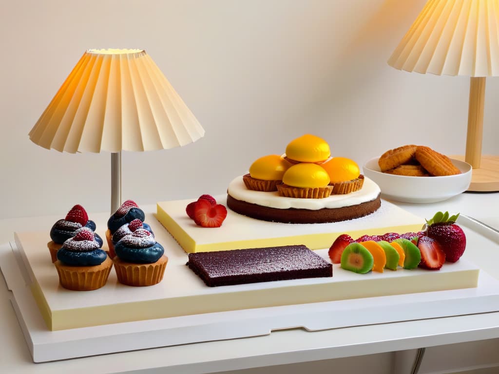  A sleek, minimalistic desk setup showcasing a modern, adjustable LED desk lamp casting a soft, warm light on a beautifully arranged assortment of colorful and intricately decorated pastries and cakes. The light creates a perfect balance of brightness and shadows, emphasizing the textures and details of the desserts, while the clean lines and simplicity of the composition evoke a sense of professionalism and precision in pastry photography. hyperrealistic, full body, detailed clothing, highly detailed, cinematic lighting, stunningly beautiful, intricate, sharp focus, f/1. 8, 85mm, (centered image composition), (professionally color graded), ((bright soft diffused light)), volumetric fog, trending on instagram, trending on tumblr, HDR 4K, 8K