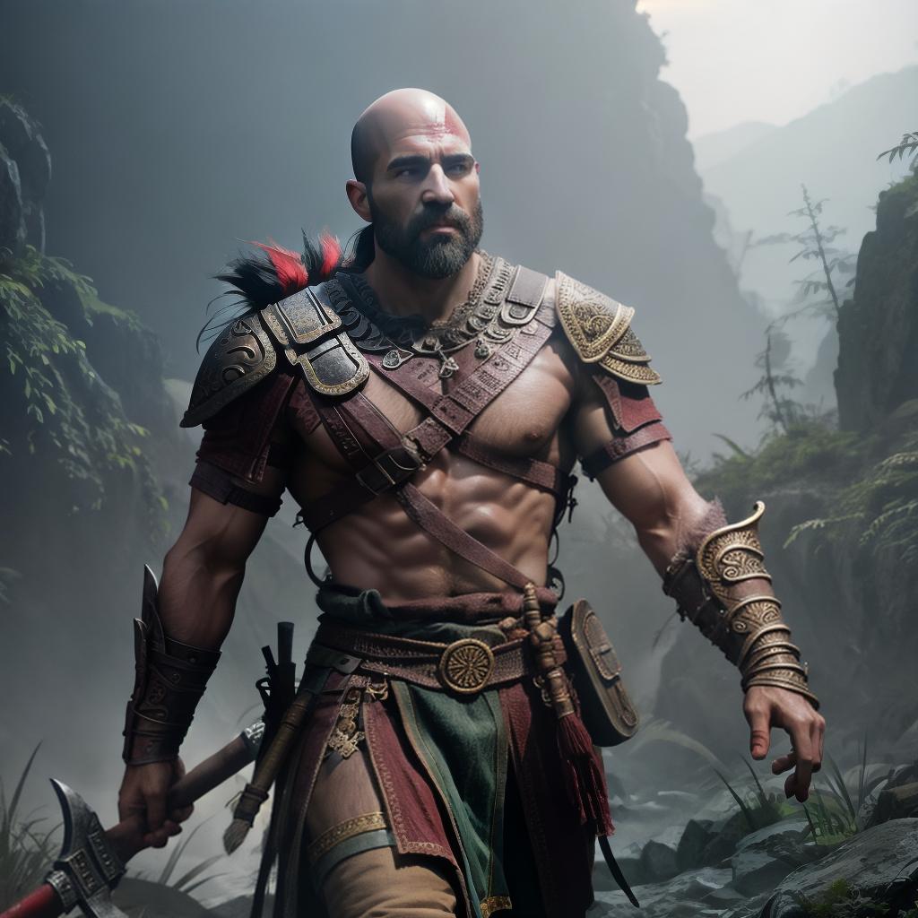  God of war hyperrealistic, full body, detailed clothing, highly detailed, cinematic lighting, stunningly beautiful, intricate, sharp focus, f/1. 8, 85mm, (centered image composition), (professionally color graded), ((bright soft diffused light)), volumetric fog, trending on instagram, trending on tumblr, HDR 4K, 8K