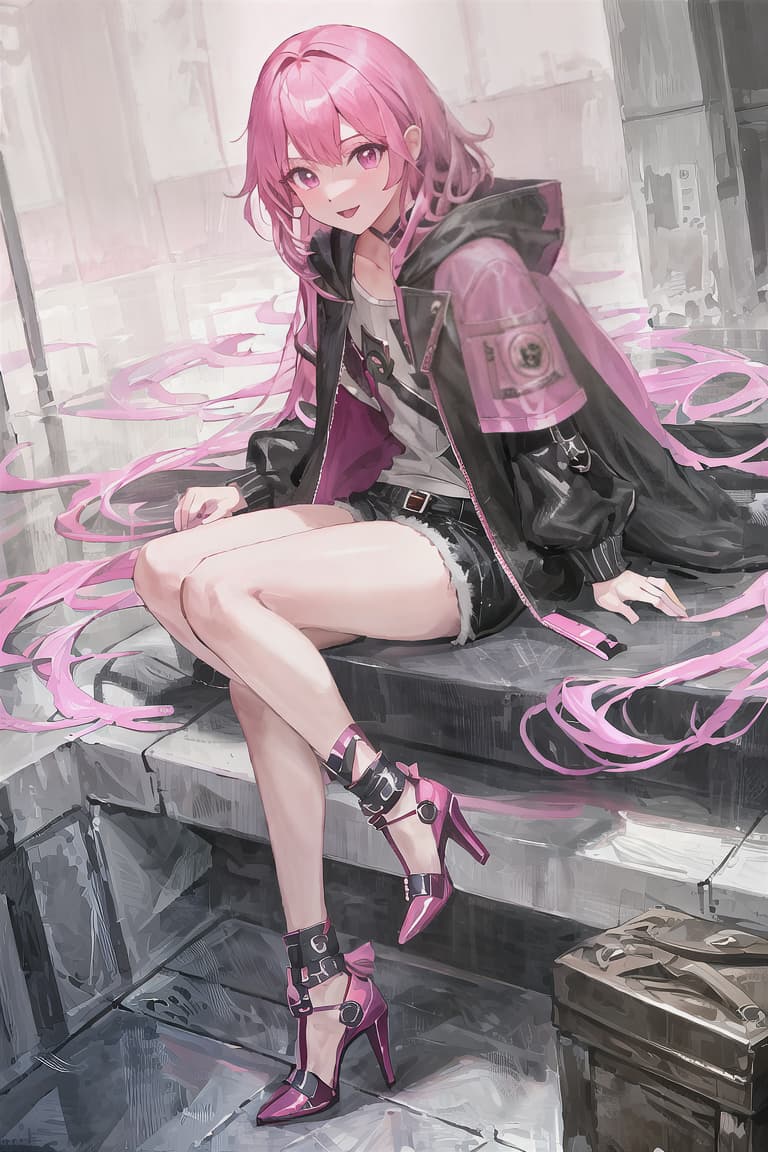  master piece , best quality,Pink hair, male, vampire, black hooded jacket, shorts, high heels