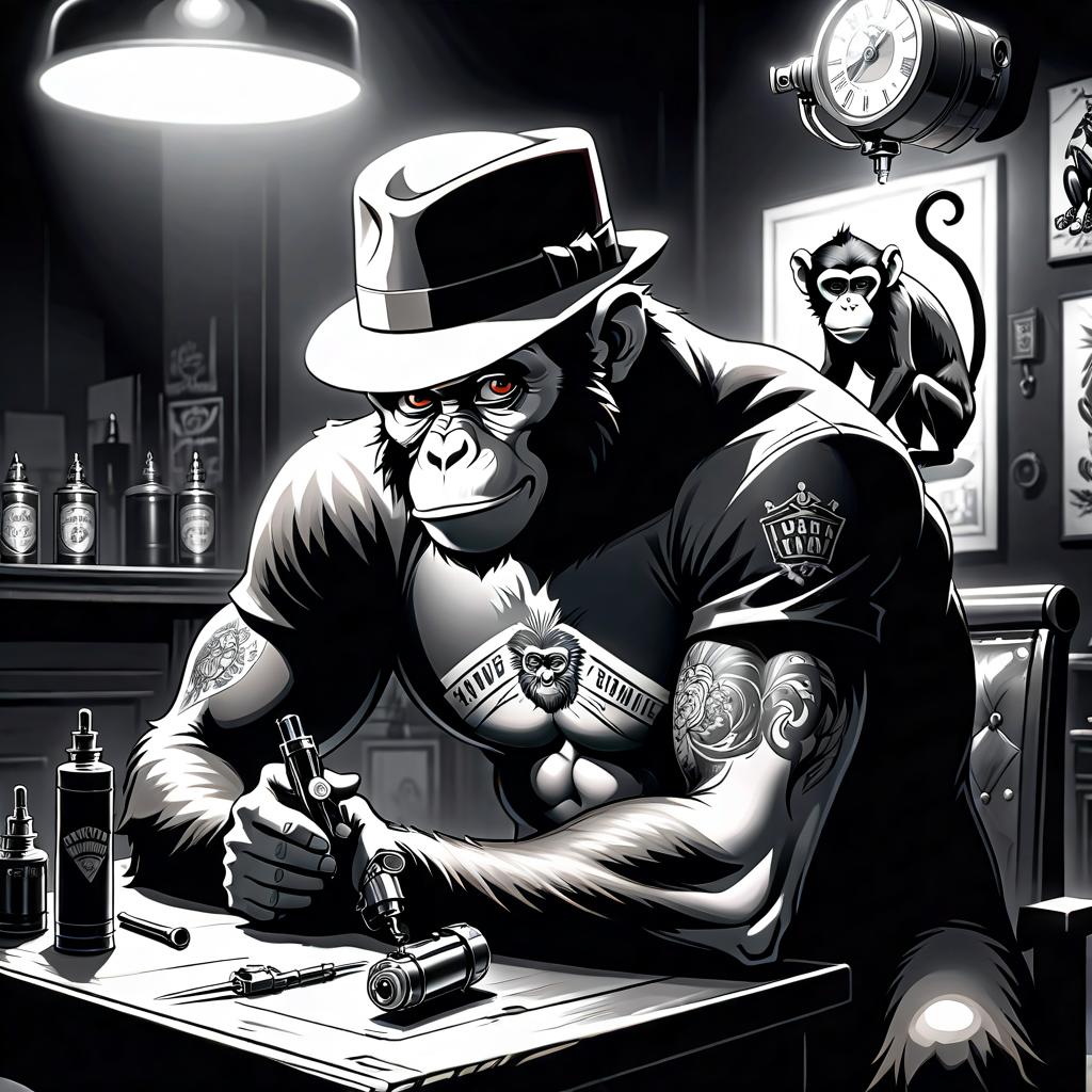  film noir style drawing, an animal monkey sits at a table and stuffs a tattoo on a man, brutal, black and white graffiti, holds a tattoo machine in his paws . monochrome, high contrast, dramatic shadows, 1940s style, mysterious, cinematic hyperrealistic, full body, detailed clothing, highly detailed, cinematic lighting, stunningly beautiful, intricate, sharp focus, f/1. 8, 85mm, (centered image composition), (professionally color graded), ((bright soft diffused light)), volumetric fog, trending on instagram, trending on tumblr, HDR 4K, 8K