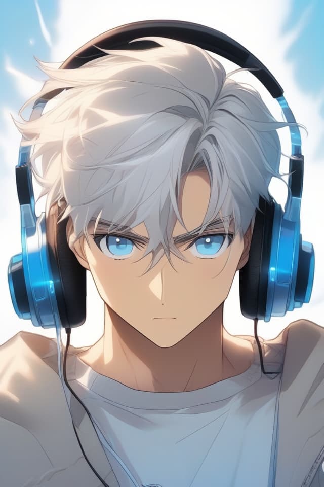  Illustration style, (upper face) (handsome) (handsome) Listening to Music with Headphones, Best, Texture, Contrast, MALE, SUPER HANDSOME, OPLY ER BODY, SHORT CUT, (Silver Hair Blue Eyes), 8k, 16k, Wearing T Shirt hyperrealistic, full body, detailed clothing, highly detailed, cinematic lighting, stunningly beautiful, intricate, sharp focus, f/1. 8, 85mm, (centered image composition), (professionally color graded), ((bright soft diffused light)), volumetric fog, trending on instagram, trending on tumblr, HDR 4K, 8K