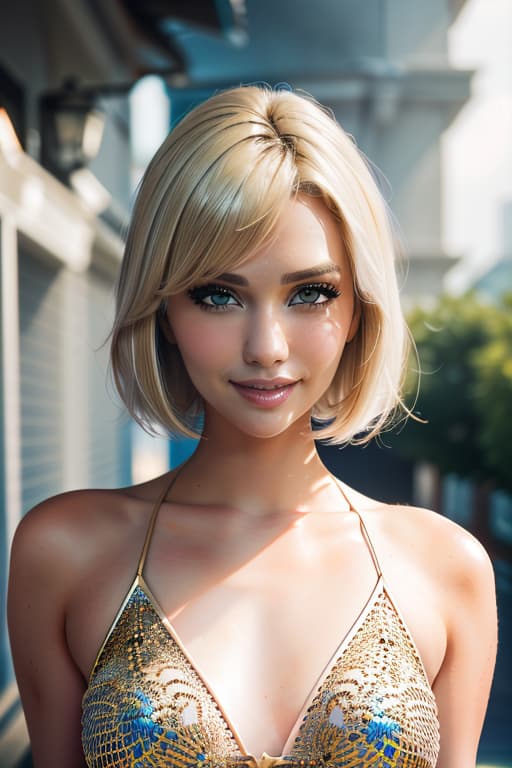  1girl,1girl,blonde short hair,straight hair,upper body shot,shirt,smile hyperrealistic, full body, detailed clothing, highly detailed, cinematic lighting, stunningly beautiful, intricate, sharp focus, f/1. 8, 85mm, (centered image composition), (professionally color graded), ((bright soft diffused light)), volumetric fog, trending on instagram, trending on tumblr, HDR 4K, 8K