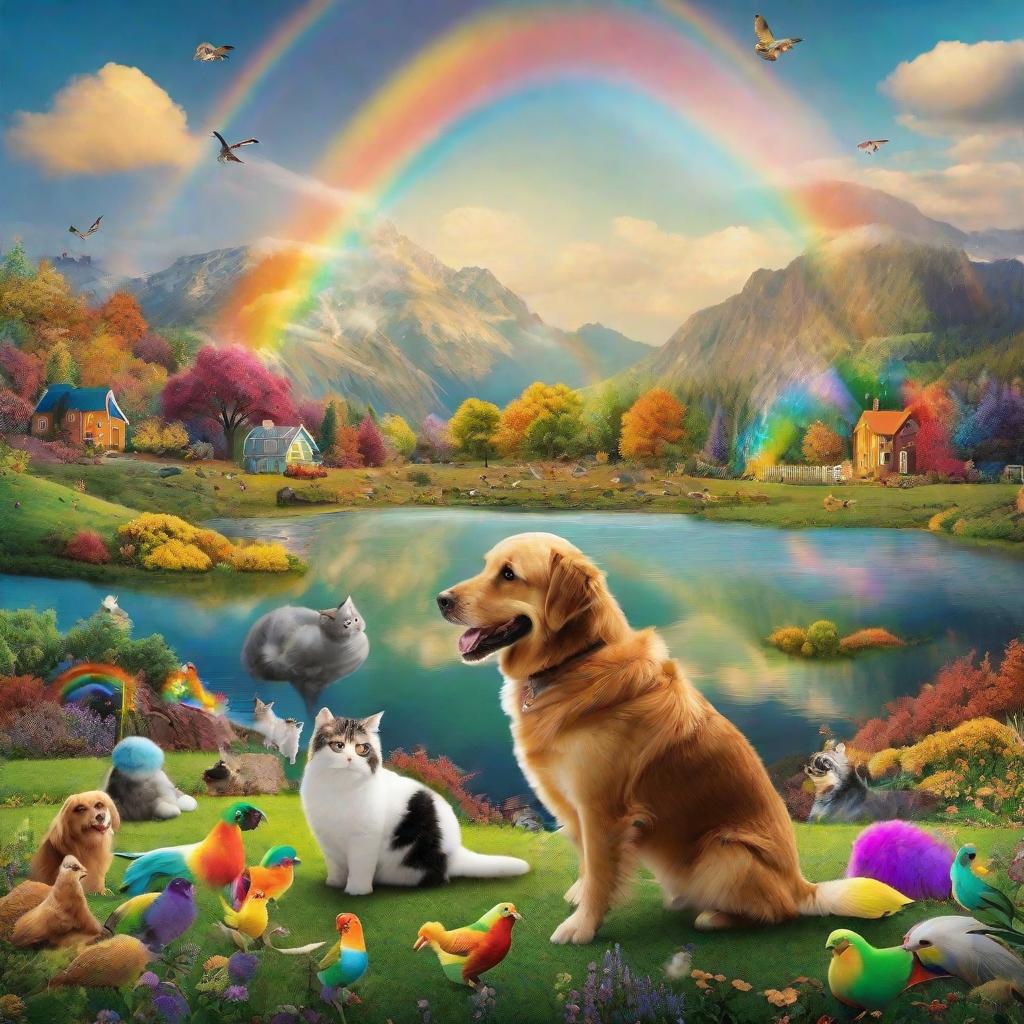  masterpiece, best quality, size:1920 1080 Background: Rainbow Foreground: Real pet photos, funny poses