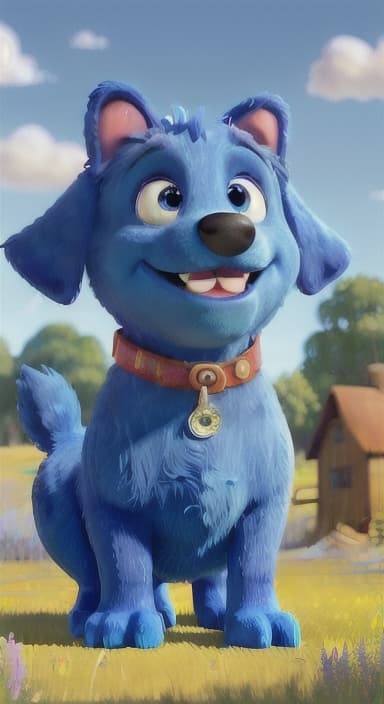  {A happy, big blue dog wagging its tail in a colorful meadow, The big blue dog is large with sky blue fur, big round eyes, a black nose, and floppy ears.