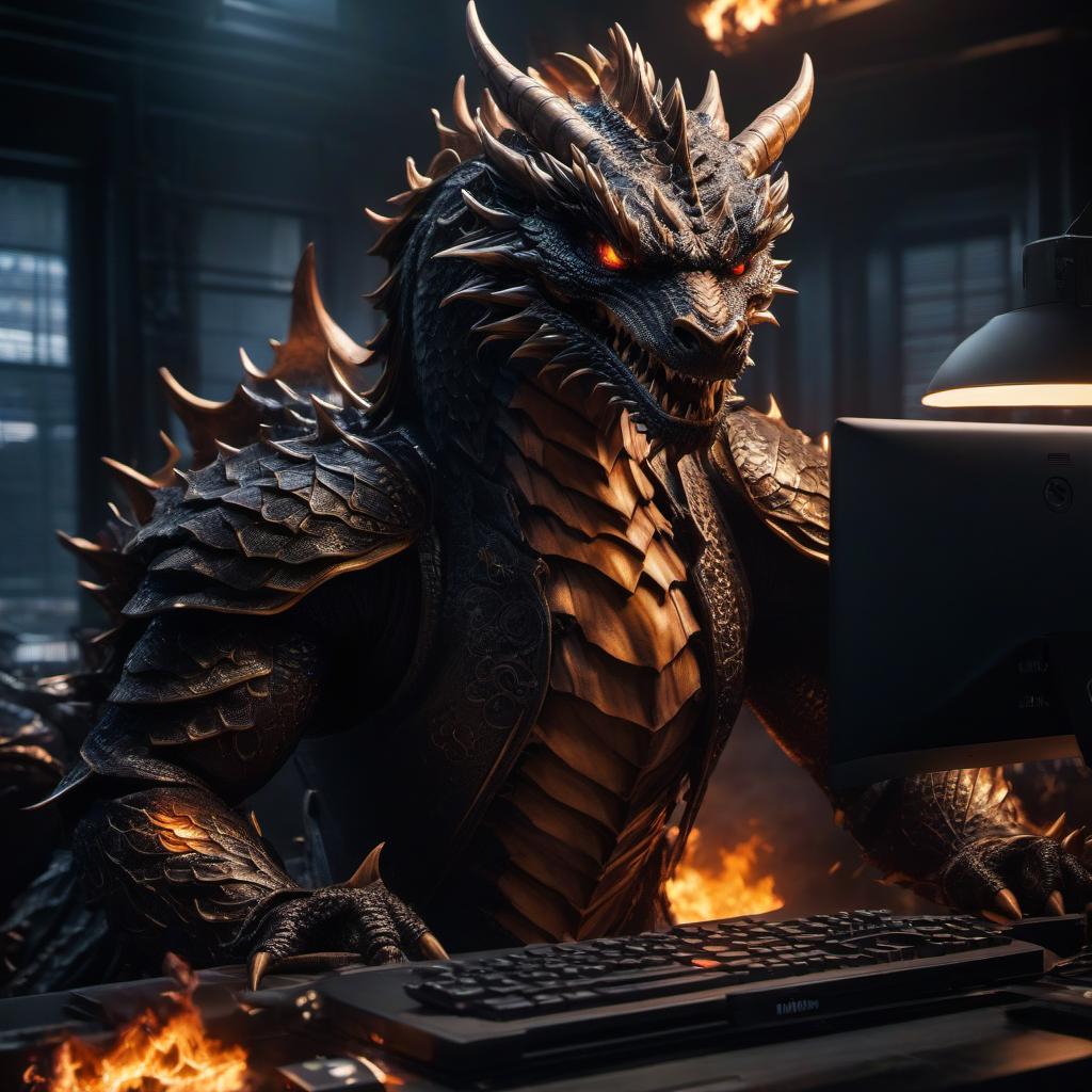  dragon in a dark suit, kind, with a smile, at the computer, typing on the keyboard, Headshot, looking straight into the camera, full face, fire all around hyperrealistic, full body, detailed clothing, highly detailed, cinematic lighting, stunningly beautiful, intricate, sharp focus, f/1. 8, 85mm, (centered image composition), (professionally color graded), ((bright soft diffused light)), volumetric fog, trending on instagram, trending on tumblr, HDR 4K, 8K