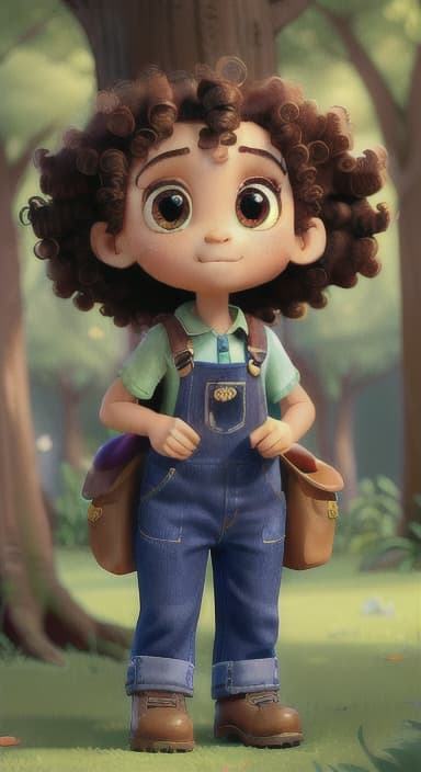  {The tree with a twinkling eye, while its leaves gently rustle., Riley, a curious with big brown eyes and curly hair, wearing overalls and carrying a small backpack. Their friend, Skye, a bluebird with shiny feathers.