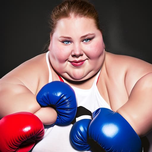 portrait+ style a fat woman, inside a ring, with boxing gloves, fighting against a scale