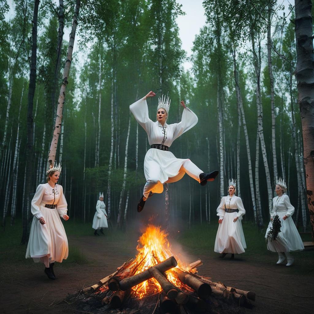  gothic style Album cover for a musical single, surrealism, square format, stick figures dance and jump over a bonfire wearing Russian white folk costumes and head wreaths, against the backdrop of birch trees, summer, night, Ivan Kupala festival. . dark, mysterious, haunting, dramatic, ornate, detailed hyperrealistic, full body, detailed clothing, highly detailed, cinematic lighting, stunningly beautiful, intricate, sharp focus, f/1. 8, 85mm, (centered image composition), (professionally color graded), ((bright soft diffused light)), volumetric fog, trending on instagram, trending on tumblr, HDR 4K, 8K