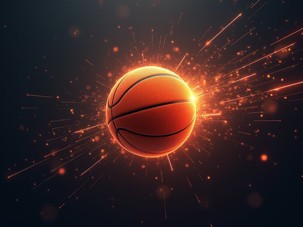  closeup basketball, ai abstract, technology rays coming from it, vector, illustraction, single orange ball, futuristic