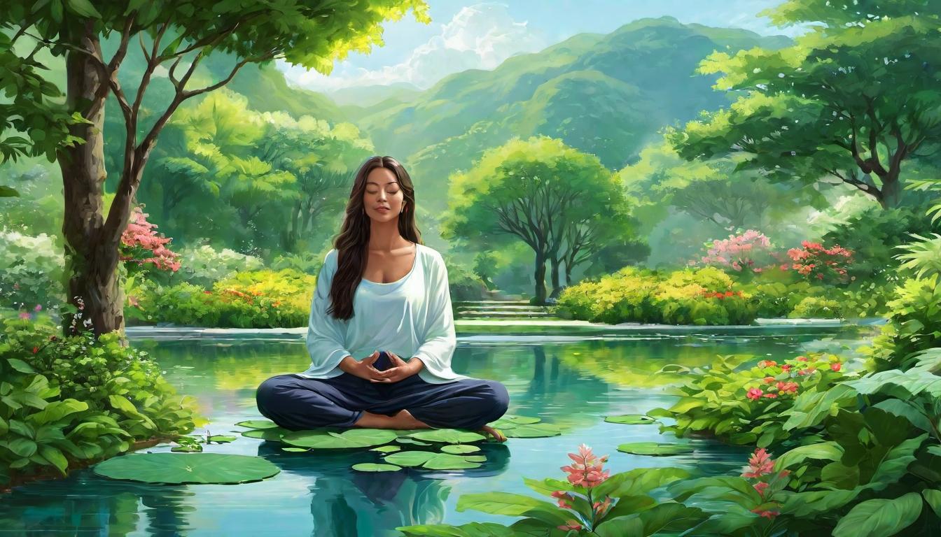  digital illustration, 1woman, meditating in a tranquil garden, serene and calm expression, lush green surroundings, sense of inner peace, balance, harmony, looking at viewer, dynamic pose, (intricate details, masterpiece, best quality)