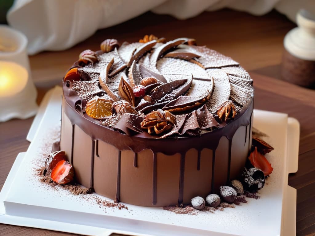  A closeup, ultradetailed image of a hand holding a perfectly crafted chocolate cake, adorned with intricately designed chocolate shavings and a dusting of cocoa powder on a sleek, minimalist white plate. The cake is surrounded by scattered cocoa beans and a sprinkle of powdered sugar, creating a visually striking and professional aesthetic. hyperrealistic, full body, detailed clothing, highly detailed, cinematic lighting, stunningly beautiful, intricate, sharp focus, f/1. 8, 85mm, (centered image composition), (professionally color graded), ((bright soft diffused light)), volumetric fog, trending on instagram, trending on tumblr, HDR 4K, 8K