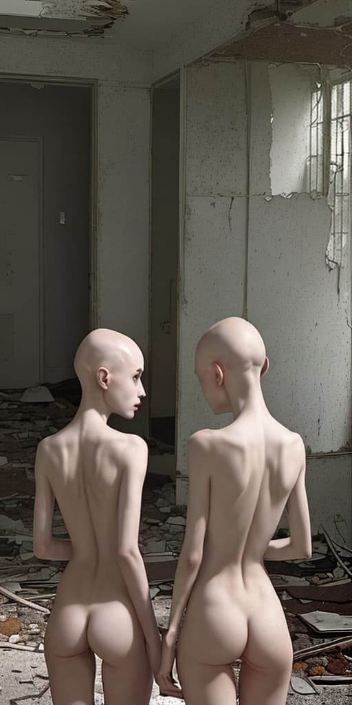  two-bald-girls, very thin, naked, with their backs, in an abandoned place