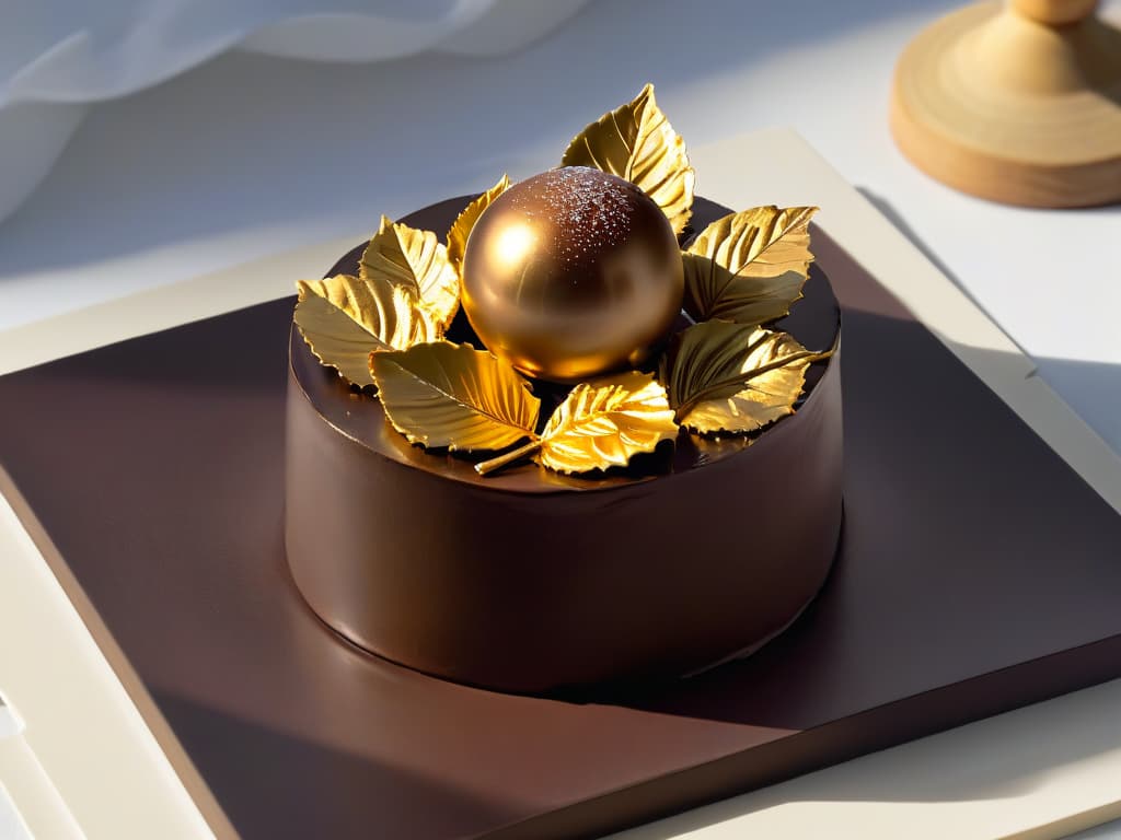  A closeup, ultradetailed image of a delicate, shimmering gold leaf gently placed on top of a decadent chocolate truffle, showcasing the perfect balance of elegance and indulgence in dessert presentation. hyperrealistic, full body, detailed clothing, highly detailed, cinematic lighting, stunningly beautiful, intricate, sharp focus, f/1. 8, 85mm, (centered image composition), (professionally color graded), ((bright soft diffused light)), volumetric fog, trending on instagram, trending on tumblr, HDR 4K, 8K