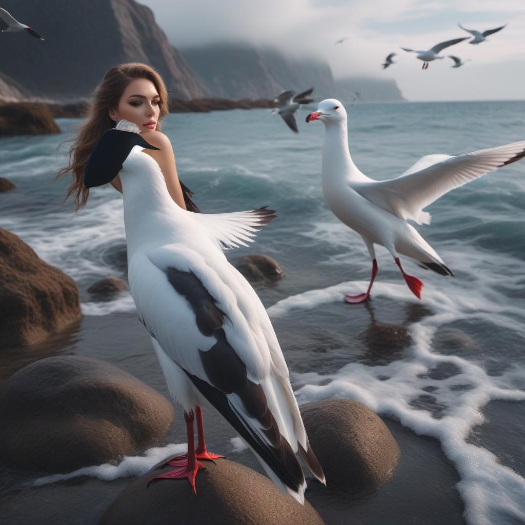  A beautiful Russian in a black , in a kokoshnik, plays with seagulls in the sea foam.Style art hyperrealistic, full body, detailed clothing, highly detailed, cinematic lighting, stunningly beautiful, intricate, sharp focus, f/1. 8, 85mm, (centered image composition), (professionally color graded), ((bright soft diffused light)), volumetric fog, trending on instagram, trending on tumblr, HDR 4K, 8K