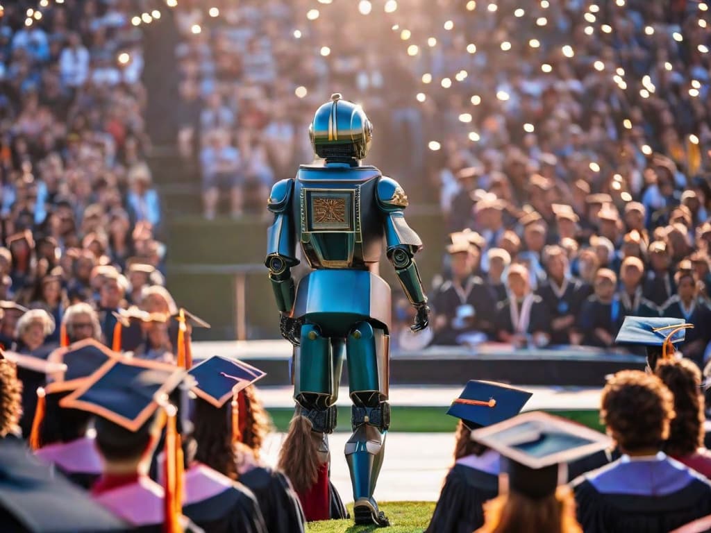  A futuristic robot with a human-like face and expressive eyes stands on a stage, addressing a crowd of graduates. Its metallic body contrasts with the traditional graduation gowns, symbolizing the integration of technology and human potential. The audience looks captivated, inspired by Sophia's empowering words. digital art, ilustration, no flares, clean hyperrealistic, full body, detailed clothing, highly detailed, cinematic lighting, stunningly beautiful, intricate, sharp focus, f/1. 8, 85mm, (centered image composition), (professionally color graded), ((bright soft diffused light)), volumetric fog, trending on instagram, trending on tumblr, HDR 4K, 8K