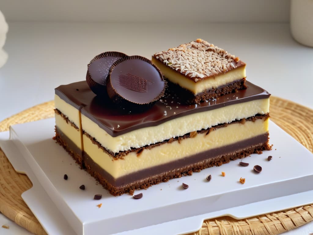  A highresolution, ultradetailed image of a Nanaimo Bar delicately placed on a white porcelain plate, showcasing the three distinct layers of the iconic Canadian dessert: a crumbly chocolate and coconut base, a velvety custardflavored middle, and a smooth, glossy chocolate topping. The lighting is soft and natural, highlighting the texture and layers of the dessert, with a sprinkle of finely grated coconut dusted on top for an added touch of elegance. hyperrealistic, full body, detailed clothing, highly detailed, cinematic lighting, stunningly beautiful, intricate, sharp focus, f/1. 8, 85mm, (centered image composition), (professionally color graded), ((bright soft diffused light)), volumetric fog, trending on instagram, trending on tumblr, HDR 4K, 8K