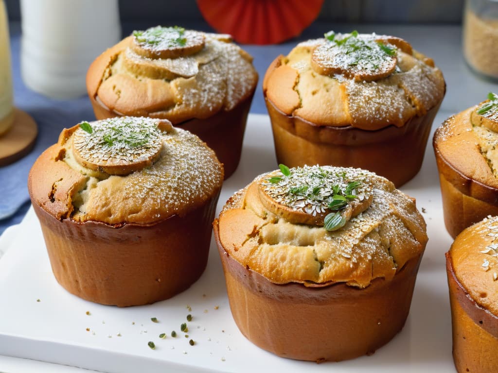  A closeup, ultradetailed image of a freshly baked, goldenbrown chia seedinfused muffin, topped with a sprinkle of chia seeds glistening under soft, natural lighting. The texture of the muffin is visible, with steam rising delicately from its surface, showcasing the moisture and warmth of the treat. Chia seeds are meticulously scattered on the muffin, each tiny seed reflecting light, emphasizing their nutritional benefits and adding a touch of elegance to the overall minimalistic composition. hyperrealistic, full body, detailed clothing, highly detailed, cinematic lighting, stunningly beautiful, intricate, sharp focus, f/1. 8, 85mm, (centered image composition), (professionally color graded), ((bright soft diffused light)), volumetric fog, trending on instagram, trending on tumblr, HDR 4K, 8K