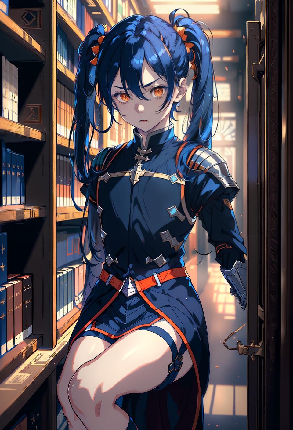  ((trending, highres, masterpiece, cinematic shot)), 1boy, young, male knight, library scene, long messy dark blue hair, twintails hairstyle,  orange eyes, proud personality, scared expression, very pale skin, morbid, limber