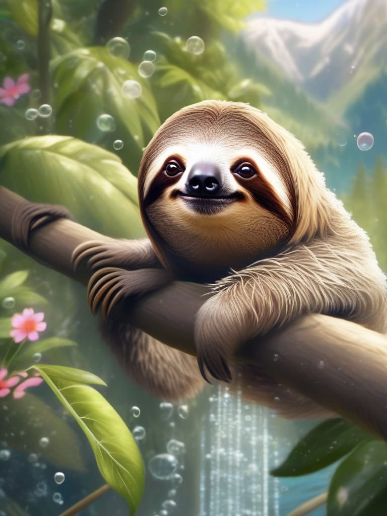  Masterpiece, (((good 2000))), (((One Sloth))), Cute, Delicate Fur, TAKING A Shower, Bubbles, Bubbles, Bubbles, SMILED, BUBBLES, Mountain flower 🌺, Forest in the background, high image quality, 16k, masterpiece, best quality,8k,ultra detailed,high resolution,an extremely delicate and beautiful,hyper detail