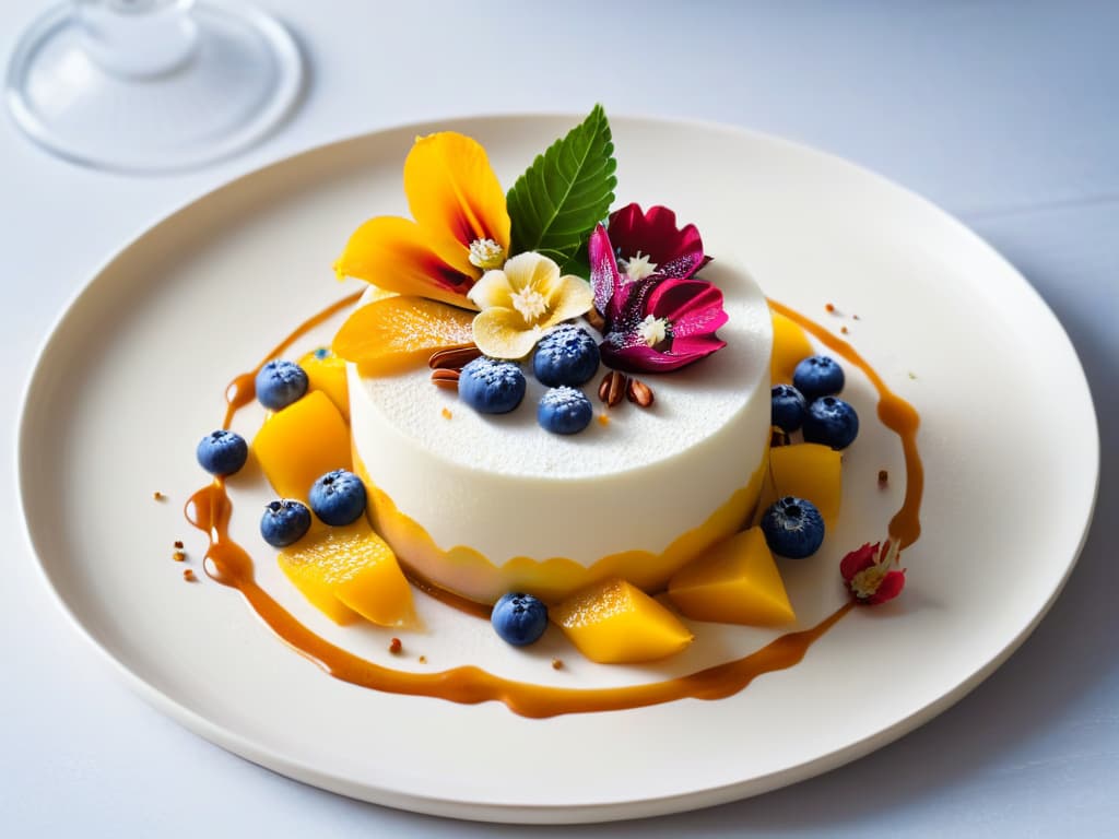  A closeup, ultradetailed image of a beautifully plated dessert with intricate designs and vibrant colors, showcasing a fusion of cultural elements like delicate edible flowers, exotic fruits, and traditional spices. The dessert is elegantly presented on a sleek, modern white plate, set against a minimalist backdrop to emphasize its artistic and cultural influence on the dining experience. hyperrealistic, full body, detailed clothing, highly detailed, cinematic lighting, stunningly beautiful, intricate, sharp focus, f/1. 8, 85mm, (centered image composition), (professionally color graded), ((bright soft diffused light)), volumetric fog, trending on instagram, trending on tumblr, HDR 4K, 8K