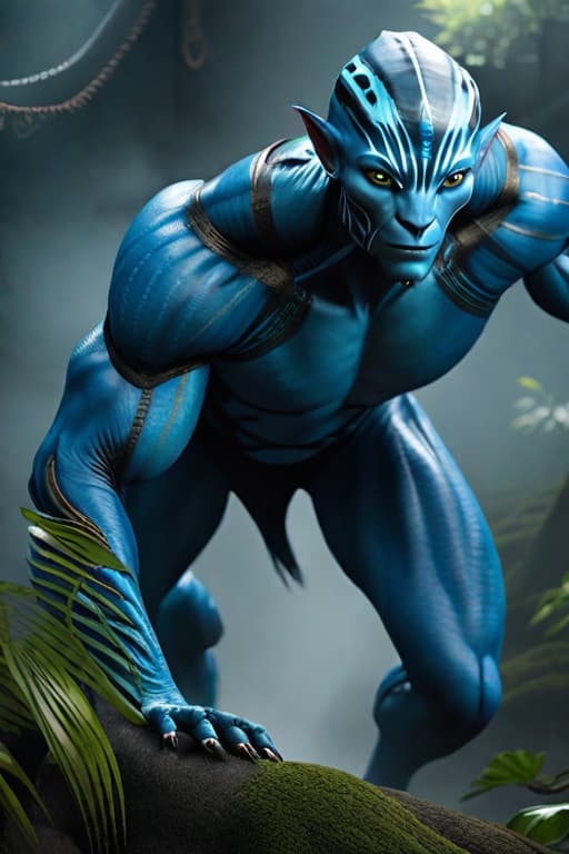  Create a high resolution, dynamic wallpaper featuring a male blue skinned alien from the movie "Avatar". The scene should be vibrant and immersive, set in the lush, bioluminescent environment of Pandora. The male alien should appear majestic and powerful, with detailed features such as large, expressive eyes, intricate skin patterns, and elongated limbs. He should be depicted in a dynamic pose that showcases his strength and connection to his natural surroundings. The overall atmosphere should be otherworldly and awe inspiring, capturing the essence of the "Avatar" universe. hyperrealistic, full body, detailed clothing, highly detailed, cinematic lighting, stunningly beautiful, intricate, sharp focus, f/1. 8, 85mm, (centered image composition), (professionally color graded), ((bright soft diffused light)), volumetric fog, trending on instagram, trending on tumblr, HDR 4K, 8K