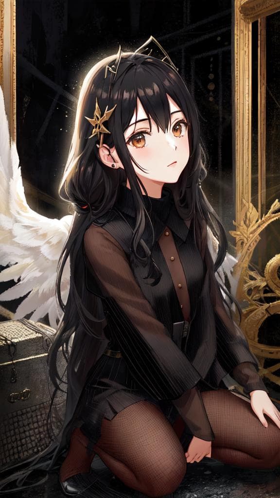 (****), 1girl, black hair, angel of death, innocent, brown eyes, diadem, angel wings, black clothes, full body, arms behind back, sky, halo, post apocalypse,
