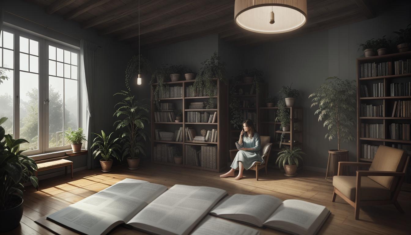  digital illustration, A well lit room with a figure seated in peaceful contemplation, books and plants around, serene ambiance, self sufficiency, cozy, warm light, looking at viewer, dynamic pose, (intricate details, masterpiece, best quality)