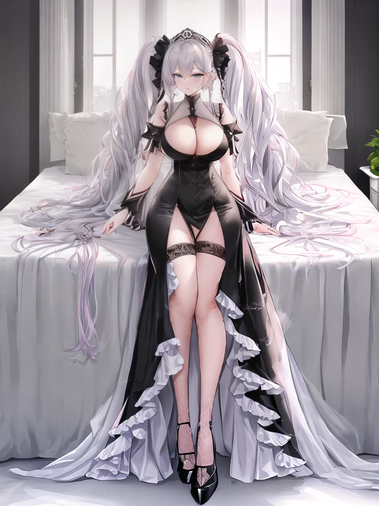  White Woman, Human, with silver hair and pink tips, ((age 20 25)), and alluring, Hair Style: Curly Twin Tails, radiant blue eyes, Housemaid, lying on bed, wearing and black lace and black with lacy black stockings, Accessories: ear piercings, Tall (()), normal sized with big s, s are visible while wearing cloths, black high heels with red at the bottom, ((())), ((full body)), (((hdr, masterpiece, highest resolution, best quality, beautiful, raw image))), (((extremely detailed, rendered))), full body, detailed clothing, highly detailed, detailed face hyperrealistic, full body, detailed clothing, highly detailed, cinematic lighting, stunningly beautiful, intricate, sharp focus, f/1. 8, 85mm, (centered image composition), (professionally color graded), ((bright soft diffused light)), volumetric fog, trending on instagram, trending on tumblr, HDR 4K, 8K