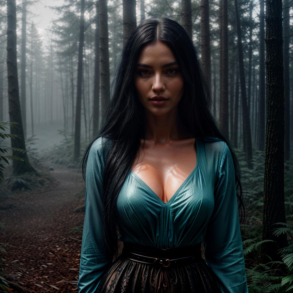  Girl with long black hair and blue eyes dancing in a mystical forest, detailed character design, realistic shading, 8k resolution, cinematic lighting, digital painting by Loish and Sakimichan, artstation, fantasy, enchanting atmosphere hyperrealistic, full body, detailed clothing, highly detailed, cinematic lighting, stunningly beautiful, intricate, sharp focus, f/1. 8, 85mm, (centered image composition), (professionally color graded), ((bright soft diffused light)), volumetric fog, trending on instagram, trending on tumblr, HDR 4K, 8K