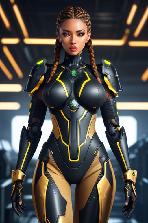  cgmech, beautiful eyes, upper body, underboob, portrait, robot, armor, black women, neon light, 8K, RAW, best quality, masterpiece, ultra high res, colorful, (medium wide shot), (dynamic perspective), sharp focus , (depth of field, bokeh:1.3), extremely detailed eyes and face, beautiful detailed eyes,large breasts,(black gold, trimmed gear:1.2),(In a futuristic weapons factory:1.2), ((masterpiece, best quality)), <lora:more details:0.3> Detailed background, spaceship interior <lora:Niji:0.5> , african braids hyperrealistic, full body, detailed clothing, highly detailed, cinematic lighting, stunningly beautiful, intricate, sharp focus, f/1. 8, 85mm, (centered image composition), (professionally color graded), ((bright soft diffused light)), volumetric fog, trending on instagram, trending on tumblr, HDR 4K, 8K