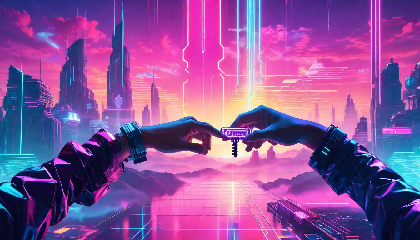  vaporwave,cyberpunk game style Two hands reaching towards each other, one extending a key that glows with a soft light, emphasizing empowerment through professional help, Illuminated against the backdrop of an ethereal landscape, transition from darkness to lighteon, dystopian, futuristic, digital, vibrant, detailed, high contrast, reminiscent of cyberpunk genre video games,retro aesthetic, cyberpunk, vibrant, neon colors, vintage 80s and 90s style, highly detailed