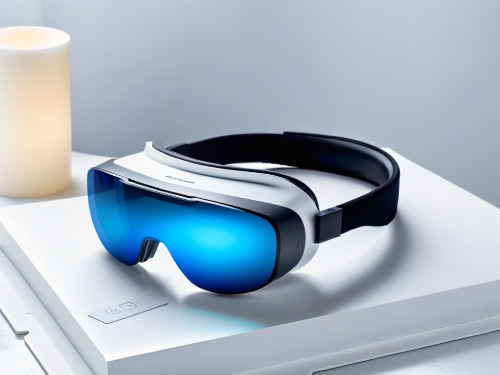  A closeup, ultradetailed image of a sleek, modern augmented reality headset resting on a pristine white marble countertop. The headset is illuminated with a soft, warm light, showcasing its elegant design and hightech features. The background is softly blurred, emphasizing the minimalist aesthetic and futuristic appeal of the device. hyperrealistic, full body, detailed clothing, highly detailed, cinematic lighting, stunningly beautiful, intricate, sharp focus, f/1. 8, 85mm, (centered image composition), (professionally color graded), ((bright soft diffused light)), volumetric fog, trending on instagram, trending on tumblr, HDR 4K, 8K