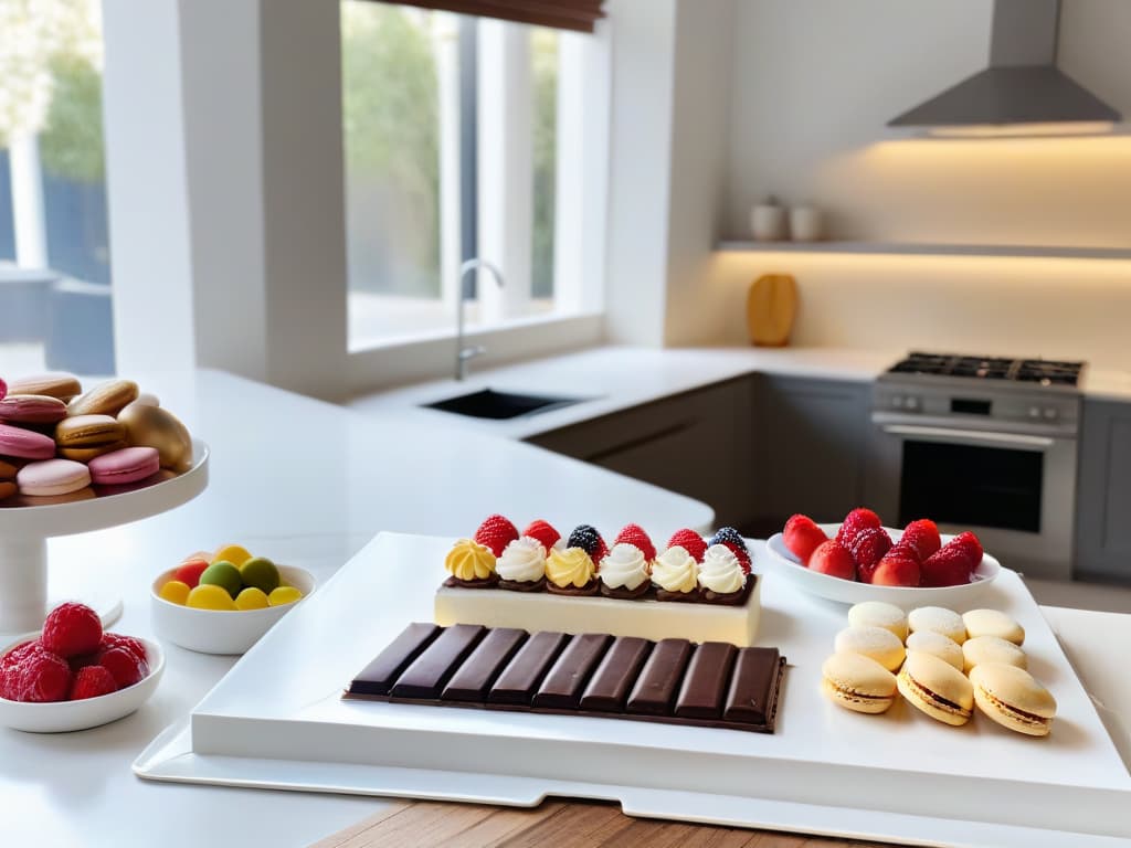  An ultradetailed, minimalist image of a serene kitchen setting flooded with natural light, showcasing a sleek marble countertop adorned with meticulously arranged baking tools and ingredients like vanilla beans, fresh berries, and premium chocolate bars. A pair of expert hands, elegantly adorned with a single statement ring, are artfully crafting a delicate macaron, capturing the essence of expert pastrymaking in a sophisticated yet approachable manner. The color palette is a harmonious blend of soft pastels and muted neutrals, exuding a sense of calm focus and refined skill perfect for an article on elevating pastry expertise through culinary retreats. hyperrealistic, full body, detailed clothing, highly detailed, cinematic lighting, stunningly beautiful, intricate, sharp focus, f/1. 8, 85mm, (centered image composition), (professionally color graded), ((bright soft diffused light)), volumetric fog, trending on instagram, trending on tumblr, HDR 4K, 8K