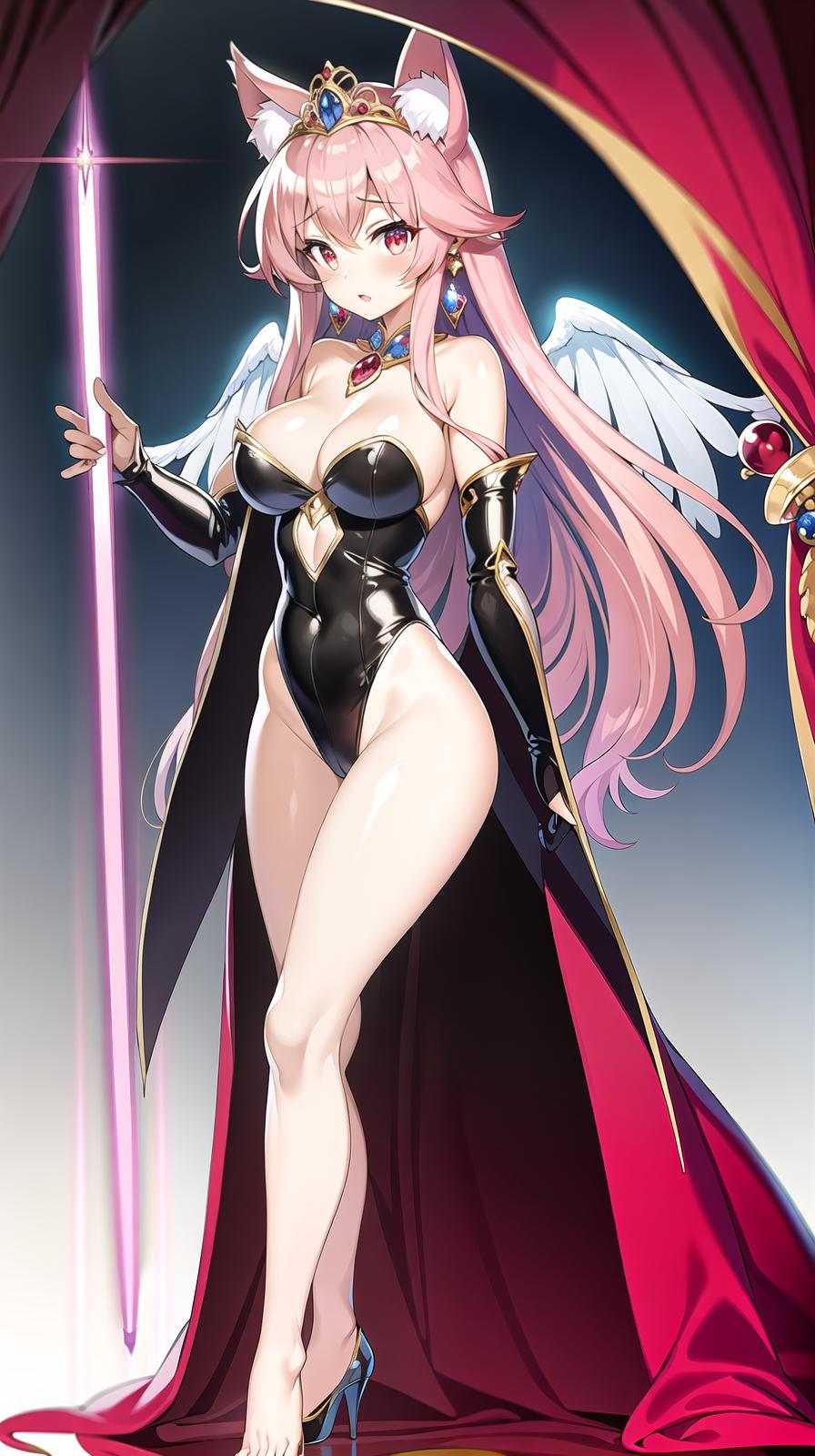  master piece , best quality,Tiara, magic hat, long cape, huge ribbon, leotard, gloves, jewelry, earrings, wings of light, red costume, long two side up hair, pink hair color, wolf tail, beautiful with wolf ears, big s, magic wand, growth transformation, full body clearly