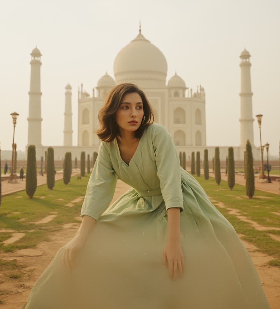  detail, photo, cinscene, dreamwalking a low angle shot. an indian woman wearing a light green kameez is lowered and looking towards the camera, creating a dynamic and immersive perspective. taj mahal with dusky atmosphere in the background. the focus is on the woman, with a slight blur on the background to enhance depth. the lighting is natural, casting soft shadows and enhancing the serene, airy mood. a ground level view emphasizes her movement and expression, conveying a sense of freedom and elegance.