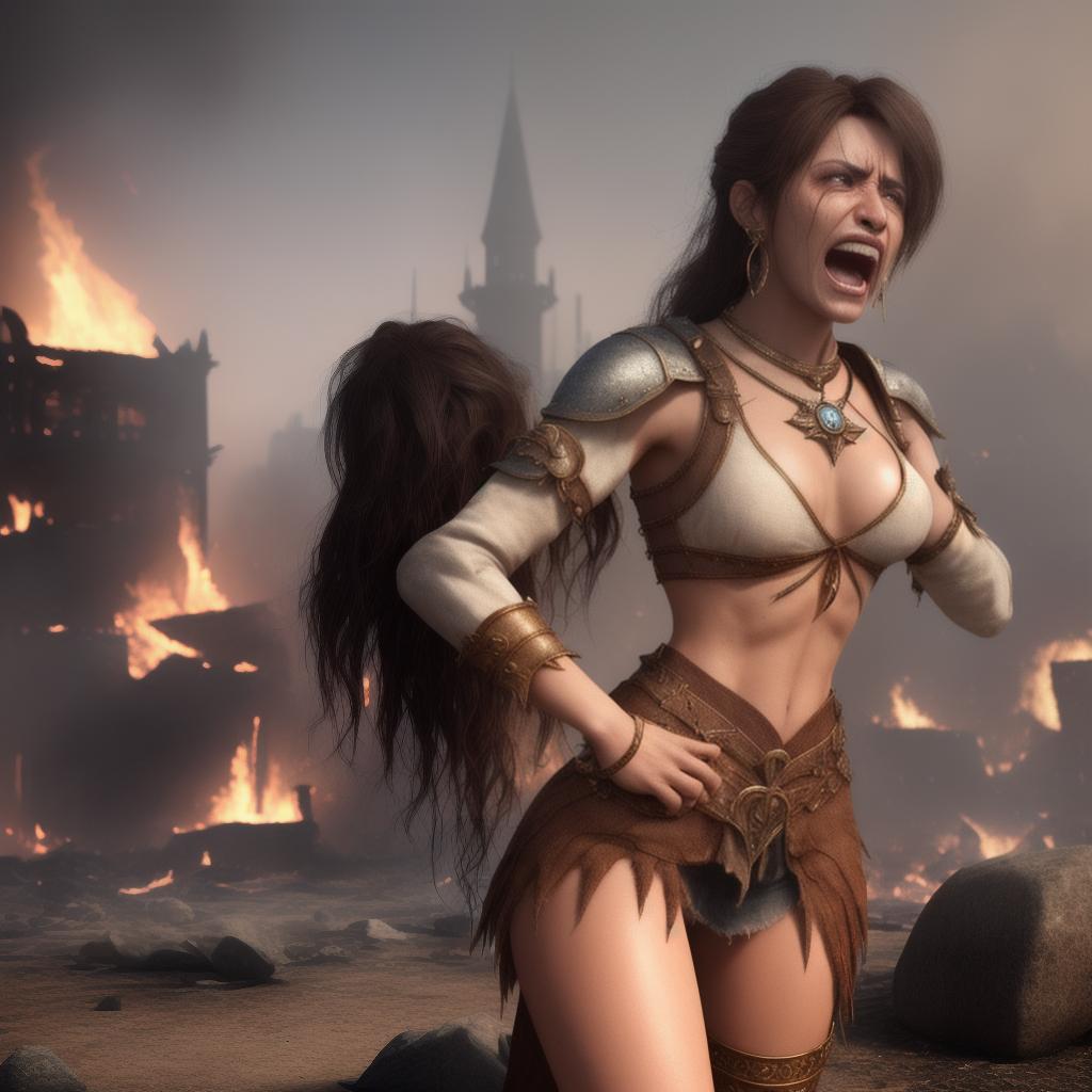  ear palm, one Latina woman, ear palm, young, tiny, small, screaming, crying, ear palm, flat chest, young, on knees in front of burning building, fantasy medieval setting, one woman, flat chest, young, screaming, crying, ear palm, tattered clothing, revealing cloth clothing, one woman, flat chest, young, ripped ragged clothes, screaming, crying, ear palm,  ultra realistic,  highly detailed, 4K, 8K, HD, hyperrealistic, full body, detailed clothing, highly detailed, cinematic lighting, stunningly beautiful, intricate, sharp focus, f/1. 8, 85mm, (centered image composition), (professionally color graded), ((bright soft diffused light)), volumetric fog, trending on instagram, trending on tumblr, HDR 4K, 8K