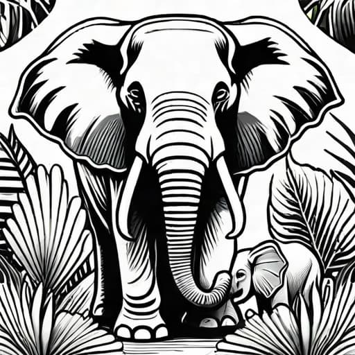  Design a charming black and white coloring book page with a elephant surrounded by a joyful group of jungle animals. Leave plenty of space for kids to add their own colorful touches, from the elephant's floppy ears to the lush jungle background.,coloring book, line art, high resolution, black and white, colorless,(( no color)) ((only sketch)) hyperrealistic, full body, detailed clothing, highly detailed, cinematic lighting, stunningly beautiful, intricate, sharp focus, f/1. 8, 85mm, (centered image composition), (professionally color graded), ((bright soft diffused light)), volumetric fog, trending on instagram, trending on tumblr, HDR 4K, 8K